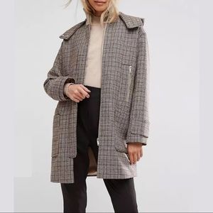 ASOS Hooded Check Trench Coat Rib Funnel Neck